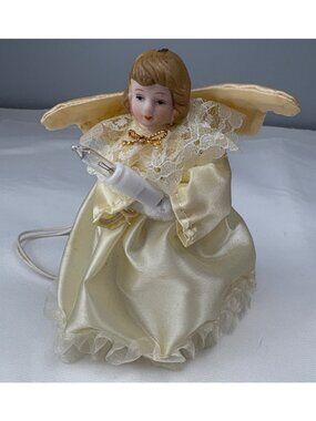 Angel Christmas Light Tree Topper 5" Cream Satin Lace Electric Retro Vintage